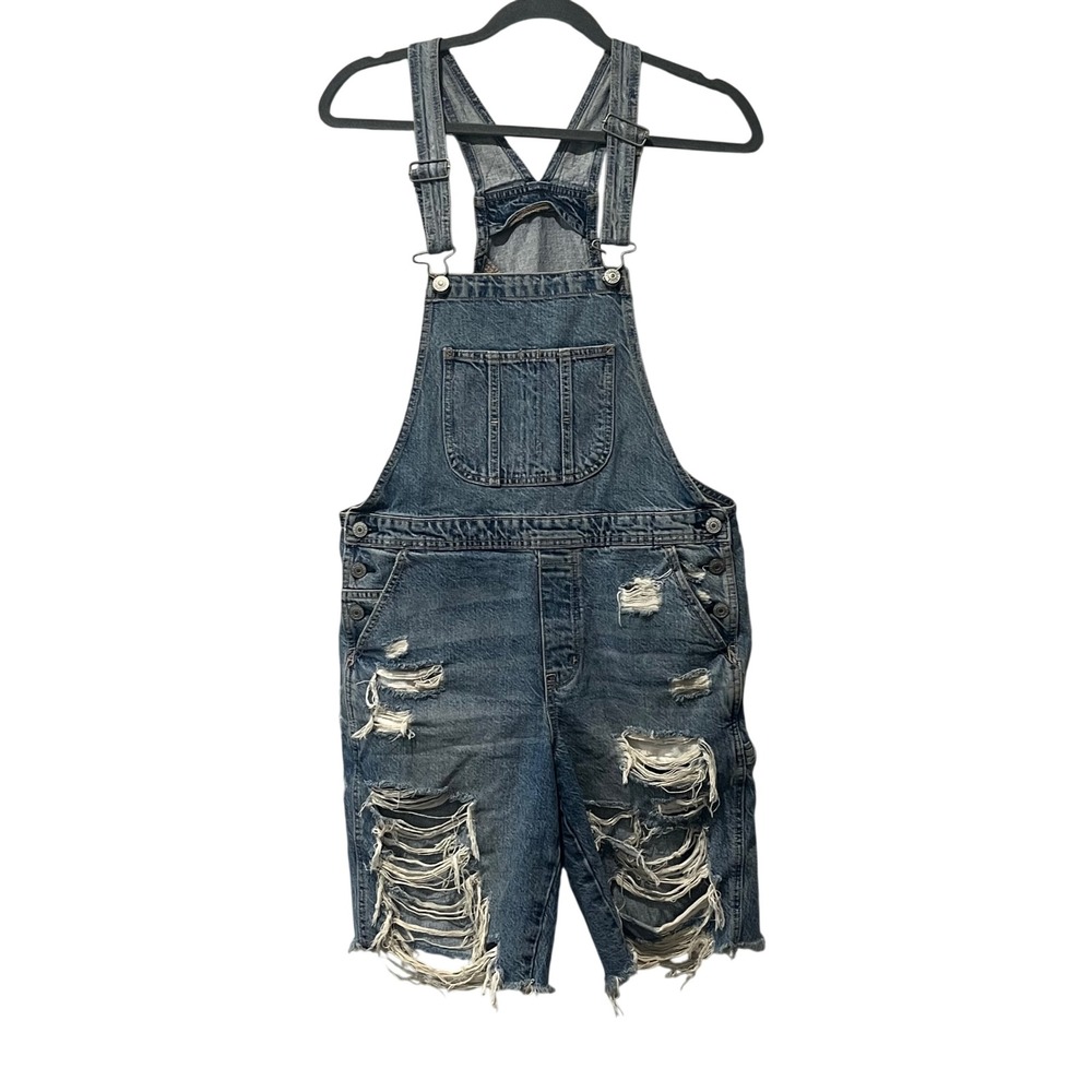 American Eagle 90s Bermuda Overall Shorts Womens Small Blue Distressed‎